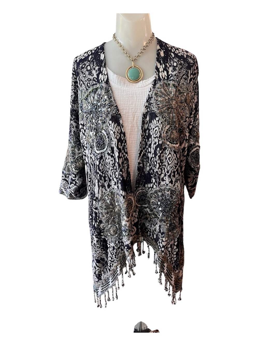 Soft Surroundings Boho Navy and Cream Textured Fringe Kimono S/M - Picture 2 of 9